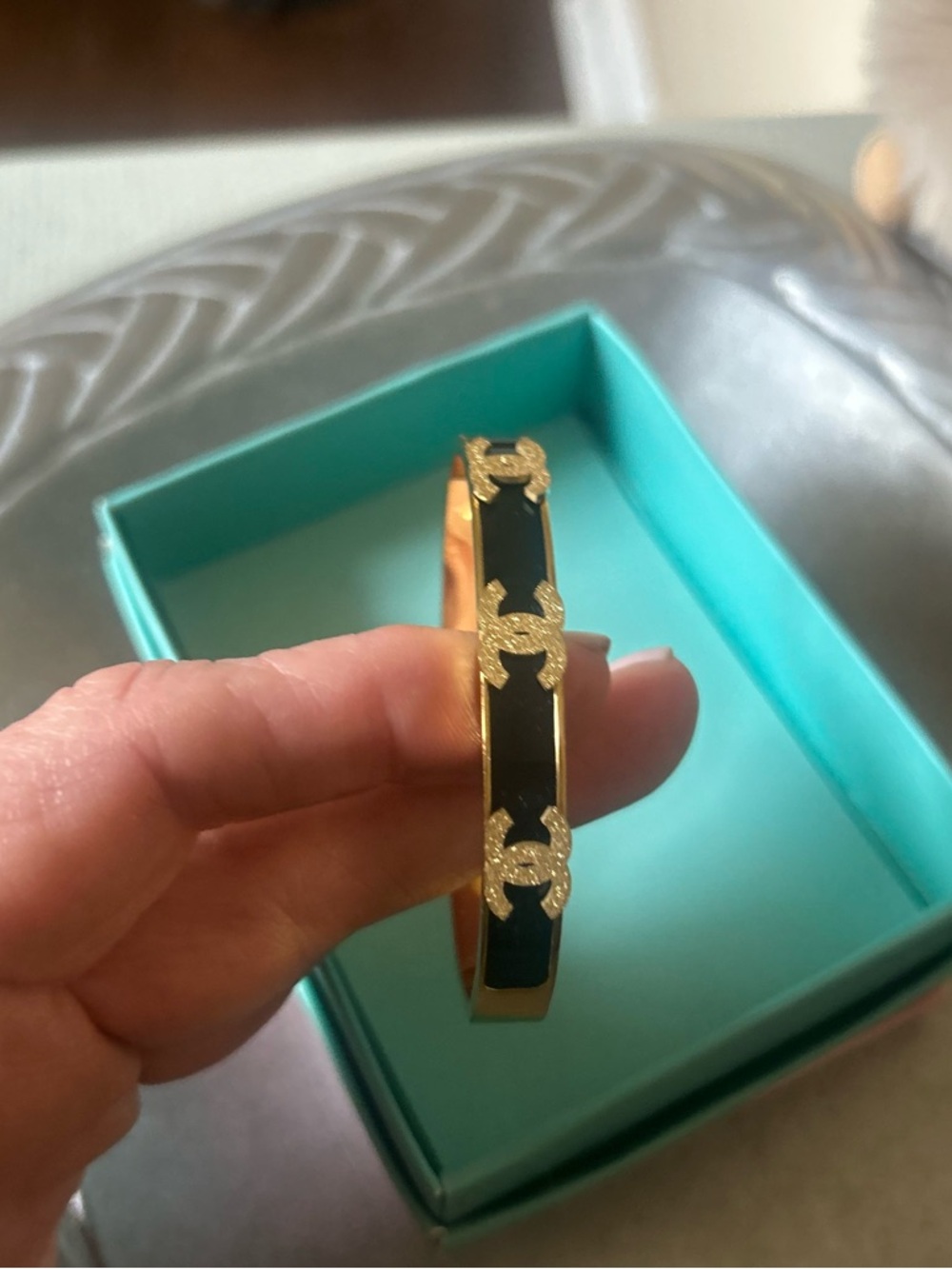 Gold-Tone Logo Accent Black Enamel Bangle Bracelet - Picture 2 of 6
